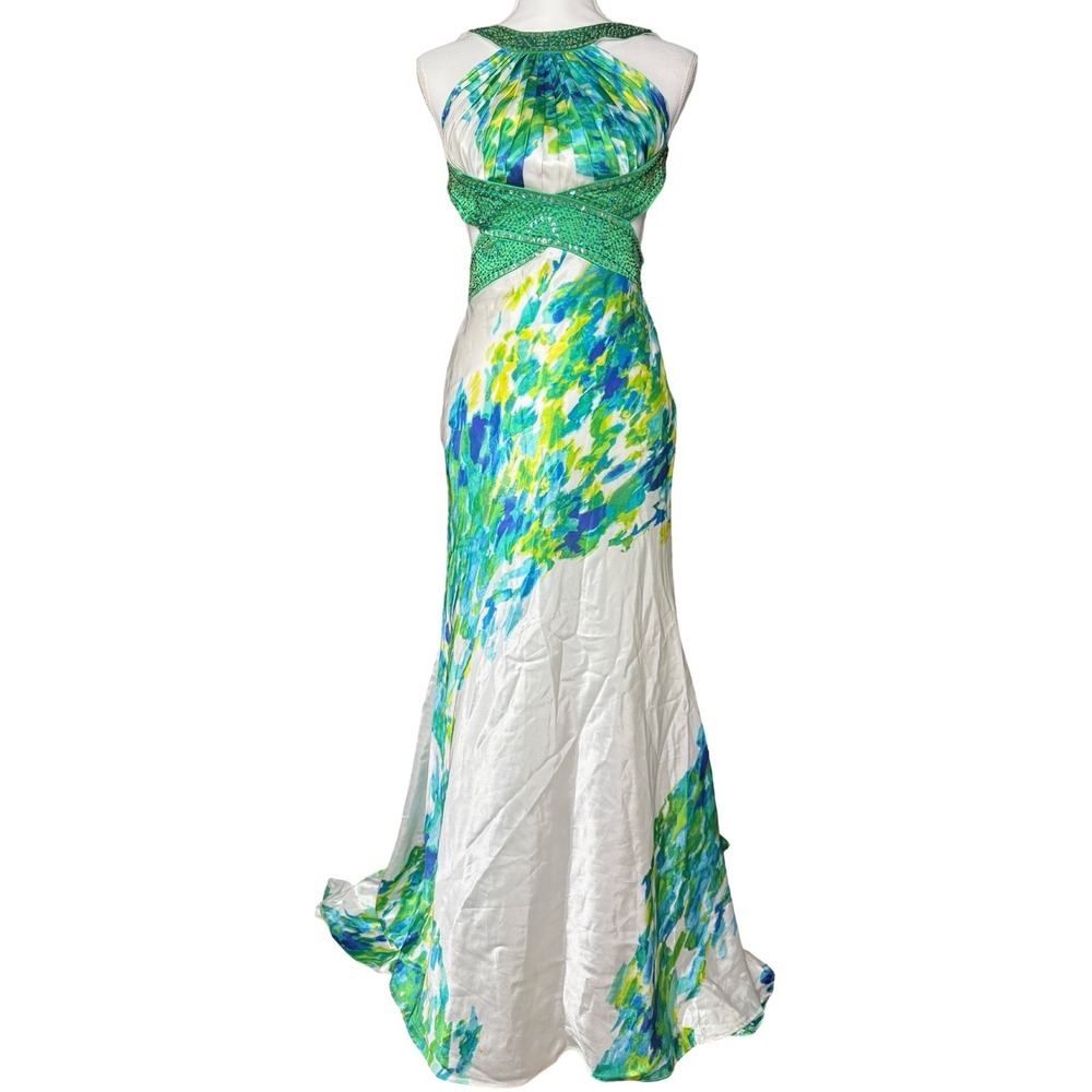 Green Blue Halter Prom Dress Open Back Formal Gown Train‎ Small Morgan Co
